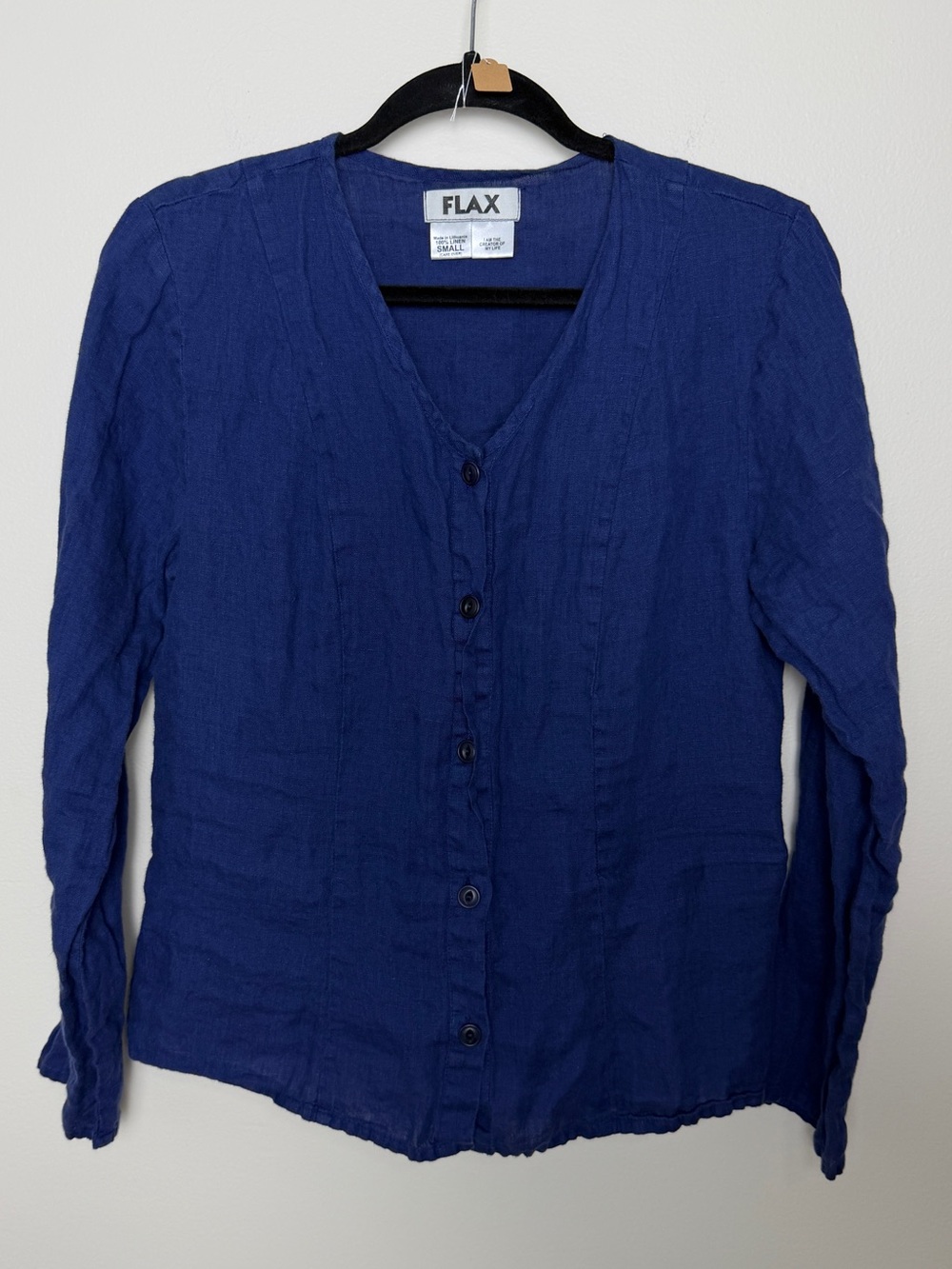 Flax 100% linen deep blue button front cinch back long sleeve top size small